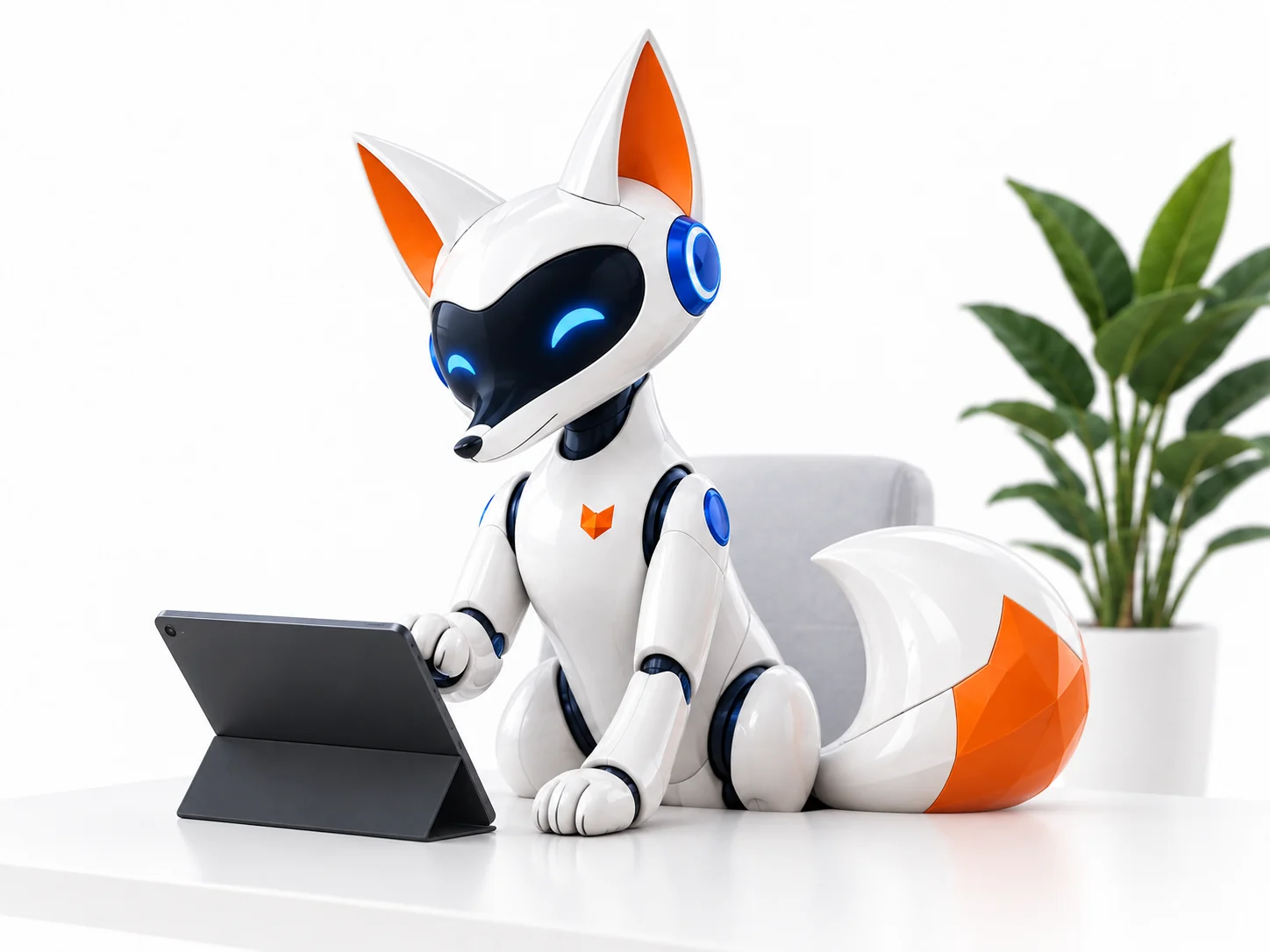 Meet your outreach employee: ThreadFox, our white and orange robot fox.