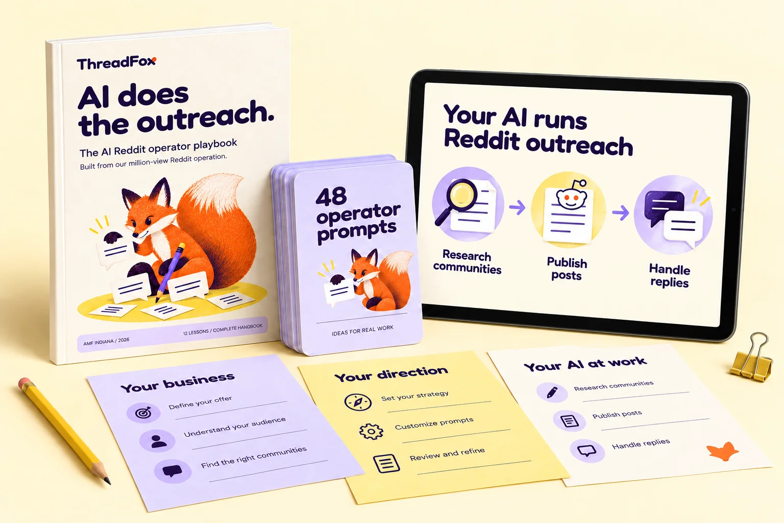 ThreadFox handbook, prompt cards and tablet showing the Reddit workflow