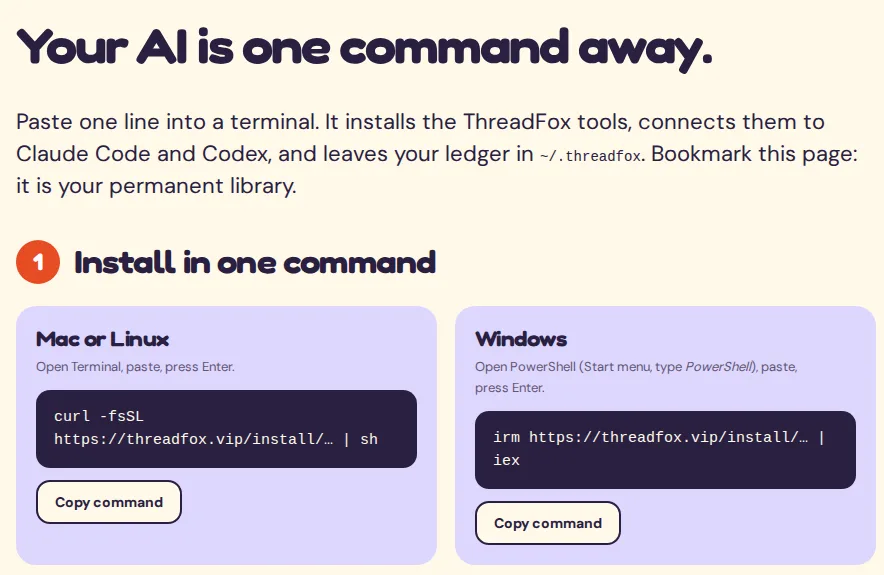 The ThreadFox library page: one install command for Mac or Linux and one for Windows
