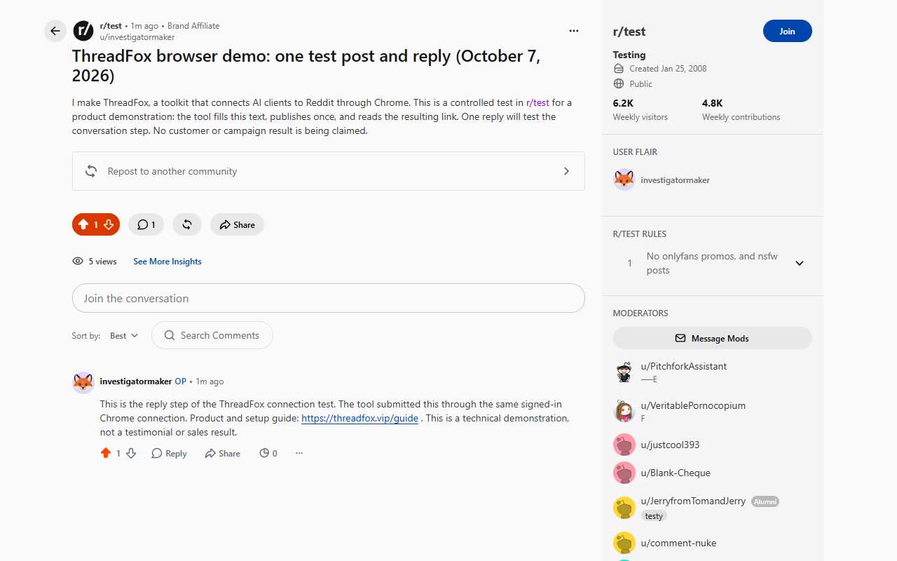 A real r/test post and reply published through ThreadFox on October 7, 2026.