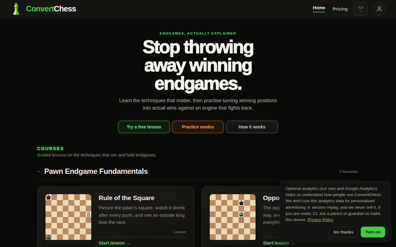 The first screen of ConvertChess on a laptop