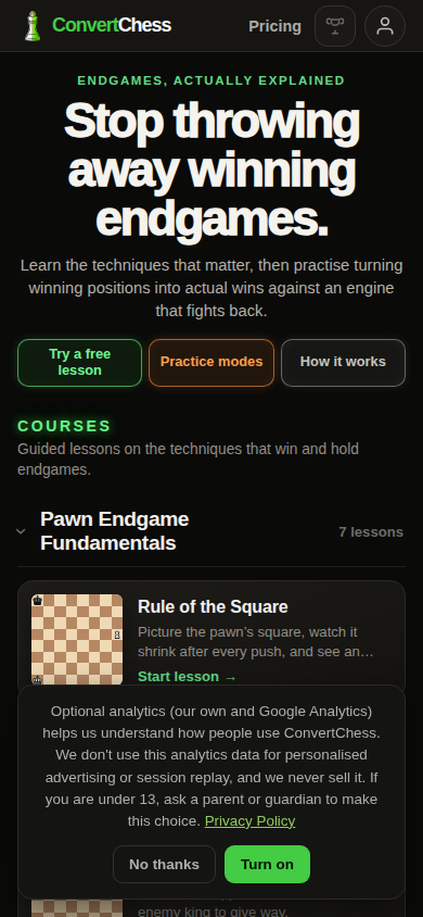 The first screen of ConvertChess on a phone