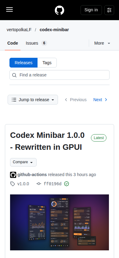The first screen of Codex Minibar on a phone