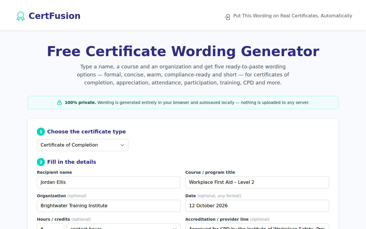 The first screen of Free Certificate Wording Generator on a laptop