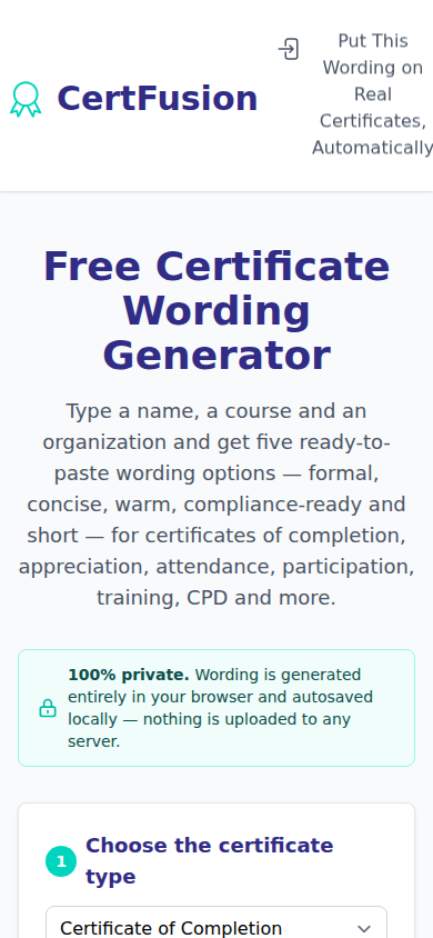 The first screen of Free Certificate Wording Generator on a phone