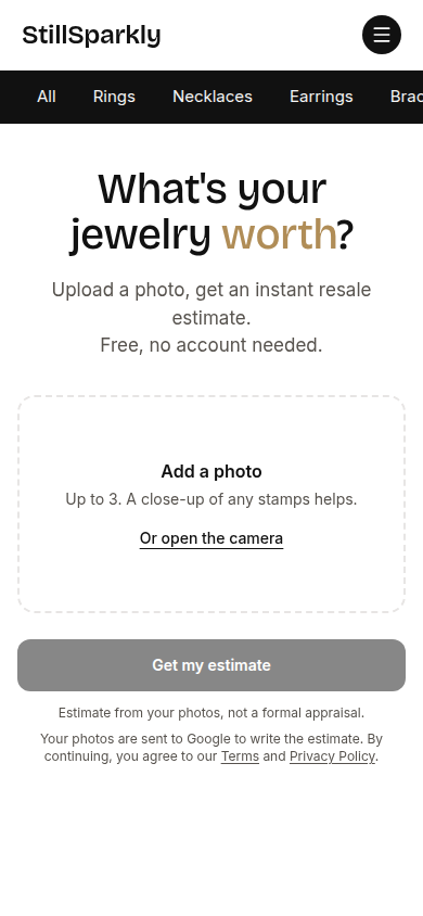 The first screen of stillsparkly.com on a phone