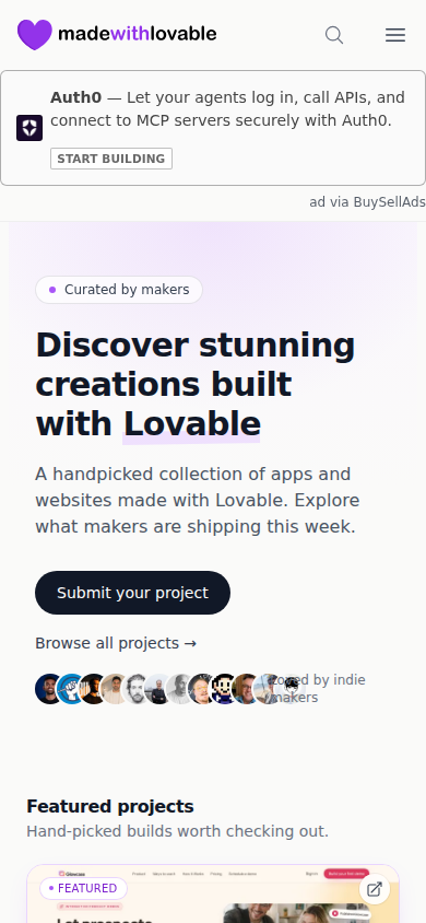 The first screen of Made with Lovable on a phone