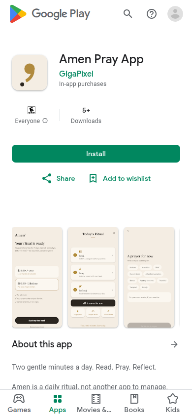 The first screen of Amen on a phone
