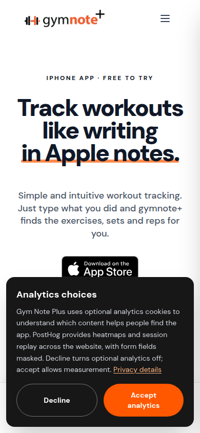 The first screen of gymnoteplus.com on a phone