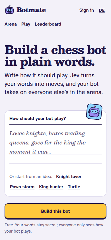 The first screen of Botmate on a phone