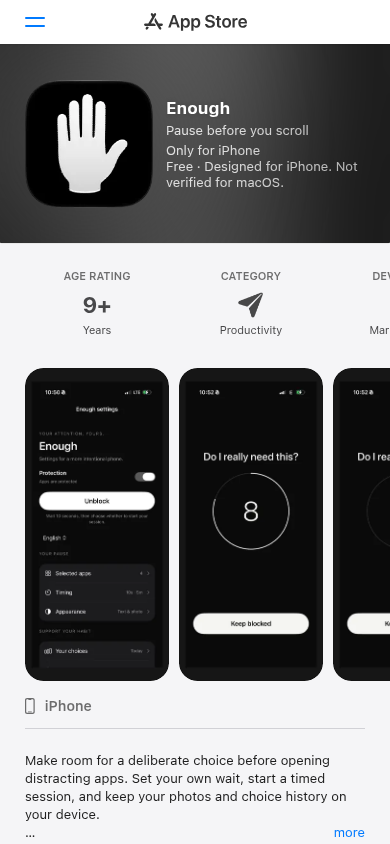 The first screen of Enough on a phone