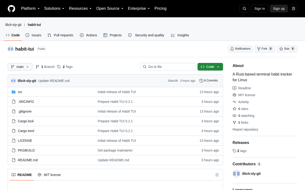 The first screen of Habit TUI on a laptop