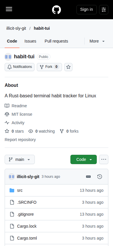 The first screen of Habit TUI on a phone