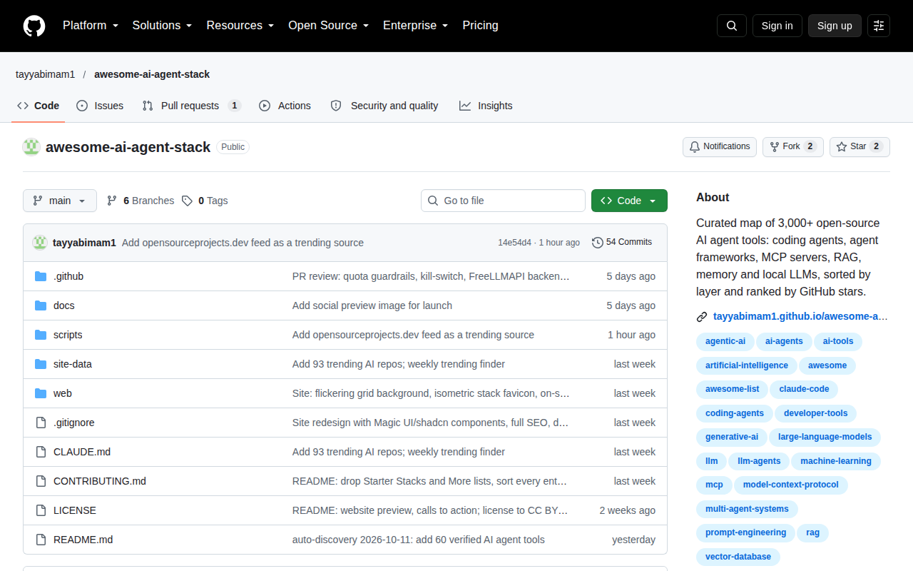 The first screen of awesome-ai-agent-stack on a laptop